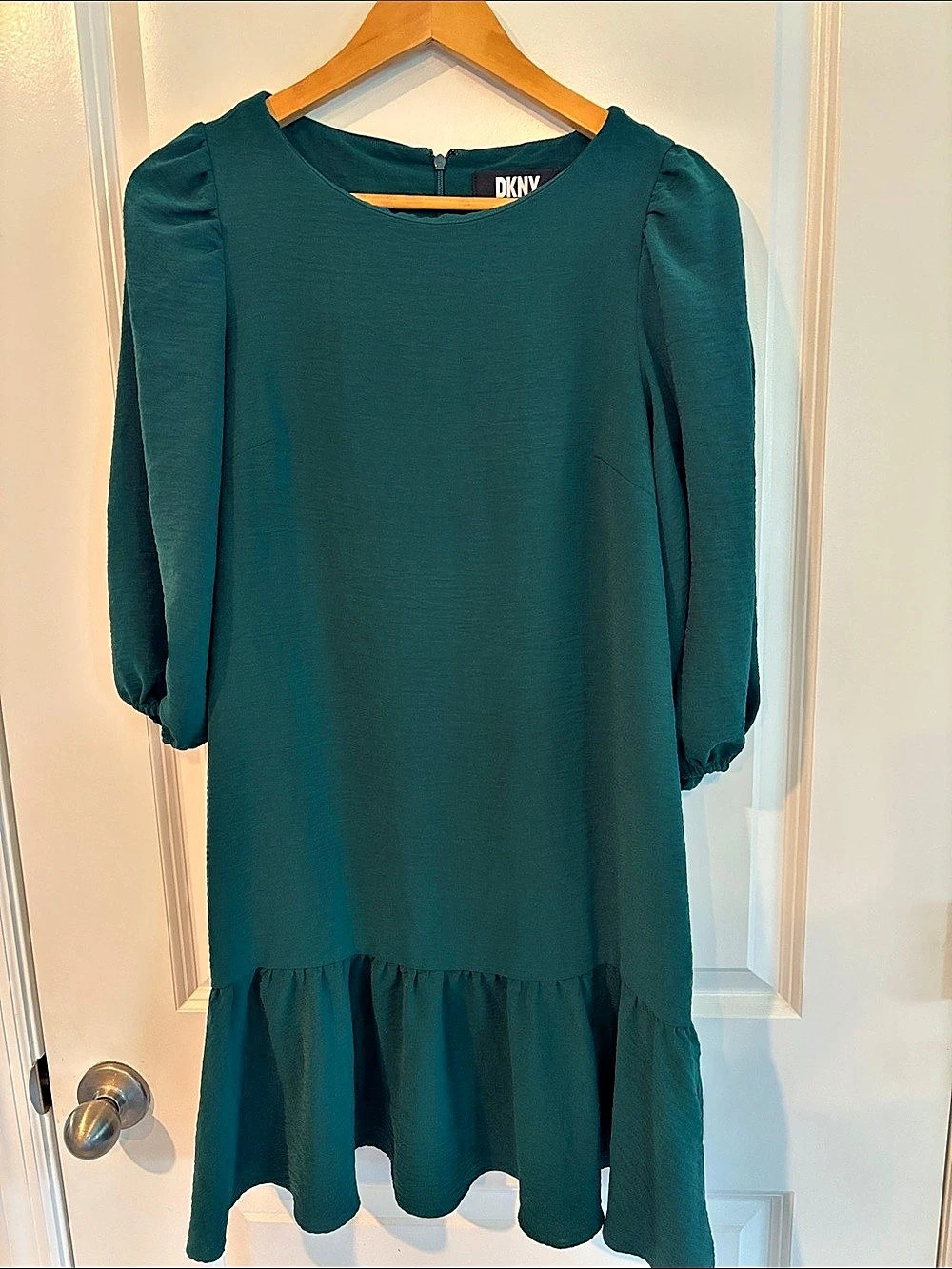 DKNY Puff-Sleeve V-Neck Dress Green